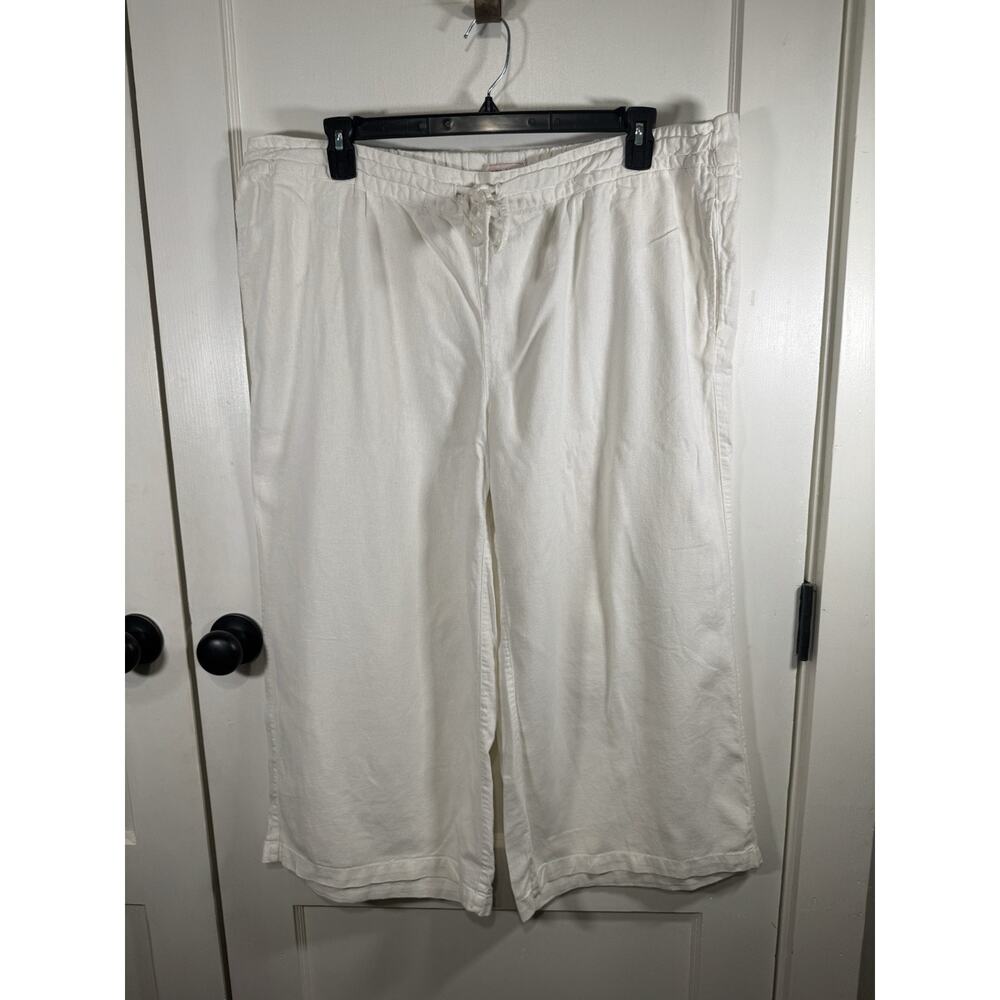 Per Se Women’s Linen Blend White Wide Leg Cropped Pants, 2X